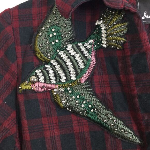 Sam Edelman Patchwork Flannel Sparrow Embellished Plaid Button Shirt Red Small - Picture 2 of 10
